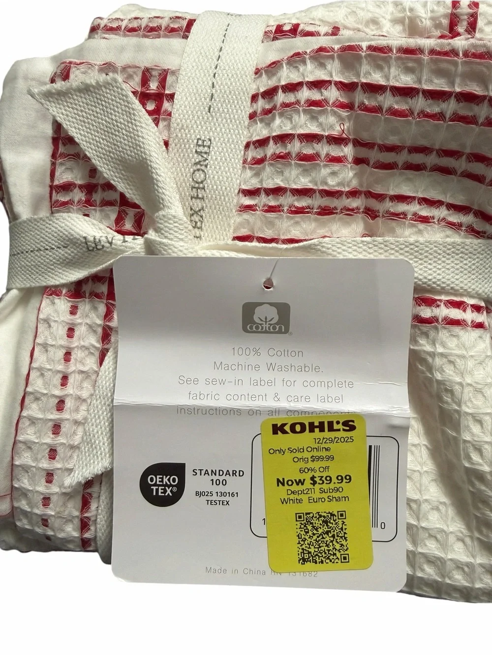 Levtex Home Peppermint Plaid 100% Cotton Euro Sham Set of 2 26x26 Red White NWT
